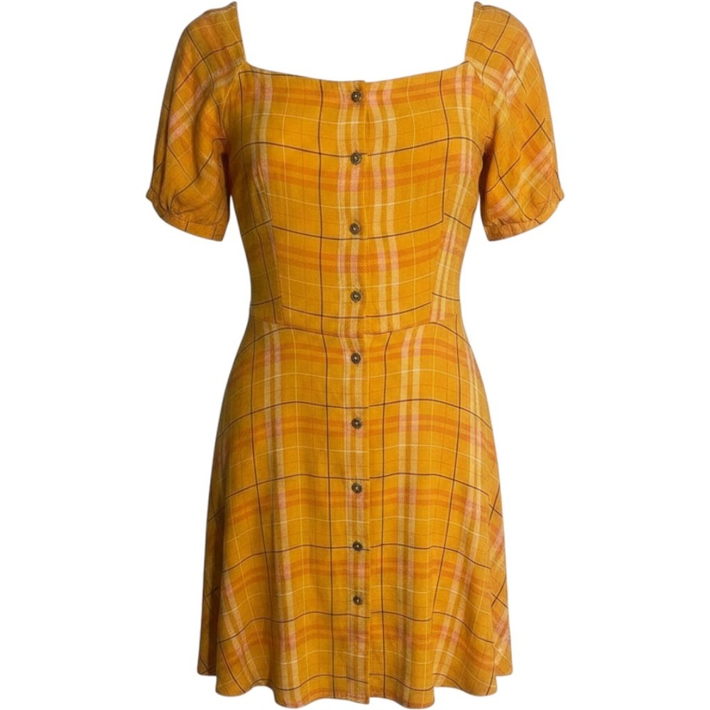 Tommy Hilfiger Girls Dress XL 16 Gold Plaid Fit & Flare Puff Sleeve Knee